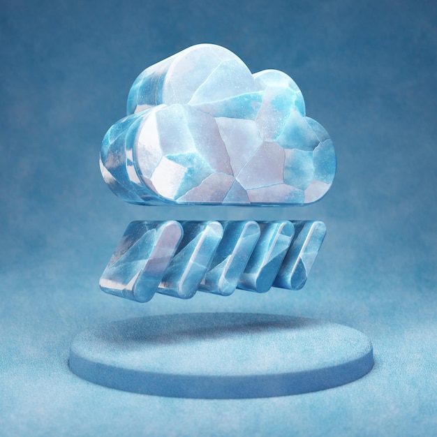 Cloud Showers Heavy icon. Cracked blue Ice Cloud Showers Heavy symbol on blue snow podium. Social Media Icon for website, presentation, design template element. 3D render.