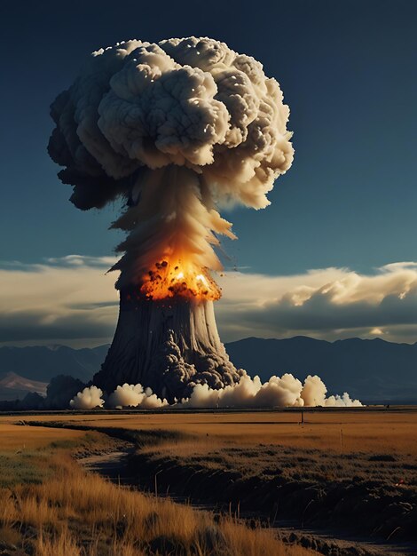 a cloud of smoke rises over a field of grass and mountains