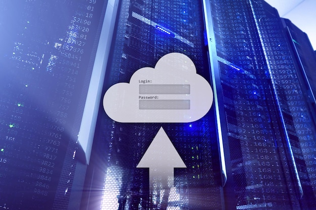 Cloud storage data access login and password request window on server room background Internet and technology concept