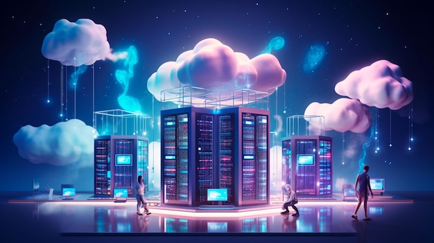 Cloud technology computing Devices connected to digital storage in the data center via the Internet IOT Smart Home Communication laptop tablet Generative AI