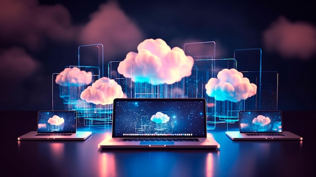 Cloud technology computing Devices connected to digital storage in the data center via the Internet IOT Smart Home Communication laptop tablet Generative AI