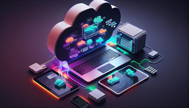 Cloud technology computing Devices connected to digital storage in the data center via the Internet IOT Smart Home Communication laptop tablet phone home devices with an online