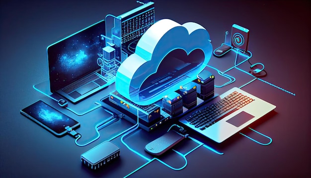 Cloud technology computing Devices connected to digital storage in the data center via the Internet IOT Smart Home Communication laptop tablet phone home devices with an online