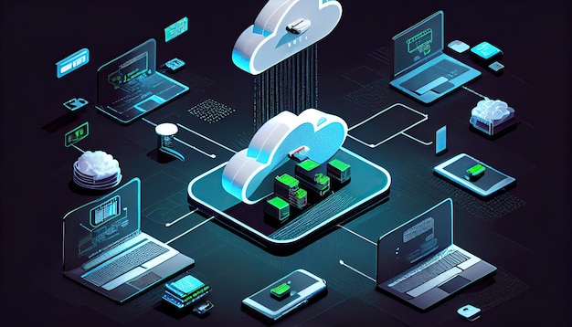 Cloud technology computing Devices connected to digital storage in the data center via the Internet IOT Smart Home Communication laptop tablet phone home devices with an online