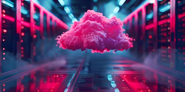 Photo cloud technology illustrated by pink cloud hovering over server hardware in data center concept cloud technology data center server hardware pink cloud illustration information technology