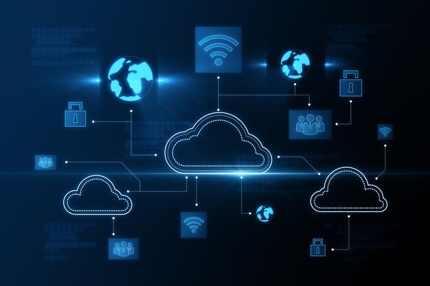 Cloud technology and online information storage concept with digital blue cloud symbols and computing icons on abstract dark background 3D rendering