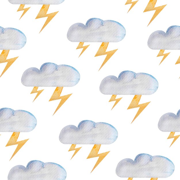 Cloud with lightning weather watercolor seamless pattern