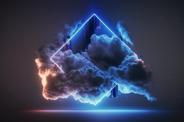 A cloud with neon lights and a cube in the middle