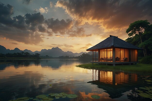 A cloud with sunset near dark fancy sky and harmony with nature and a house landscaping around the lake