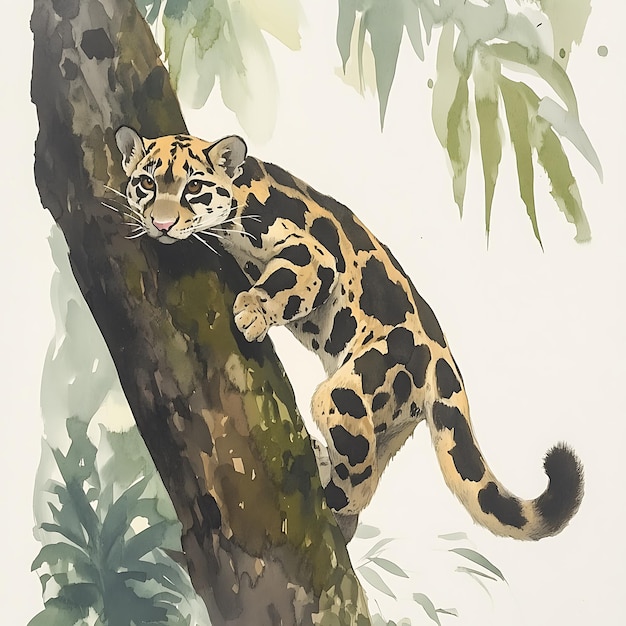 Photo clouded leopard perched on a tree branch watercolor illustration