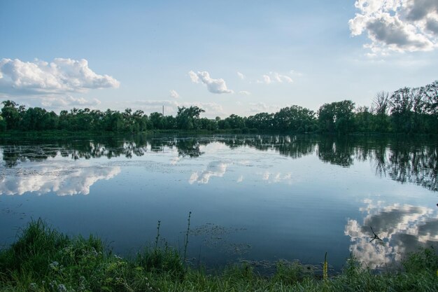 Clouds are reflected in a lake with grassy banks and trees Ulyanovsk Russia