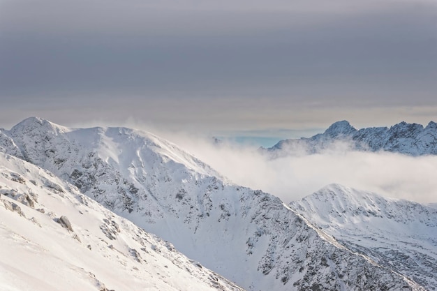 Clouds atop of Kasprowy Wierch of Zakopane in Tatras in winter. Zakopane is a town in Poland in Tatra Mountains. Kasprowy Wierch is a mount in Zakopane and the most popular ski area in Poland