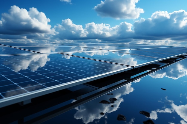 Clouds and blue sky reflected in the mirror of a solar panel