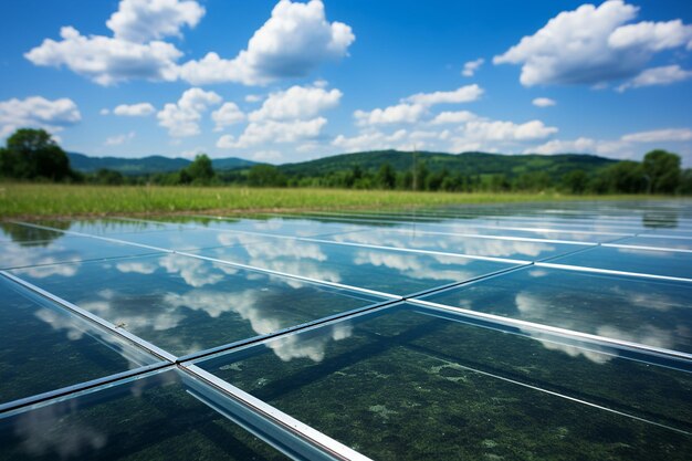 Clouds and blue sky reflected in the mirror of a solar panel