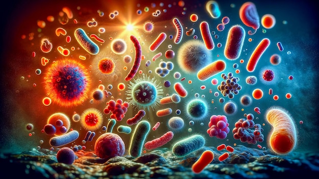 Clouds of germs viruses red blood cells white blood cells and DNA AI generated images