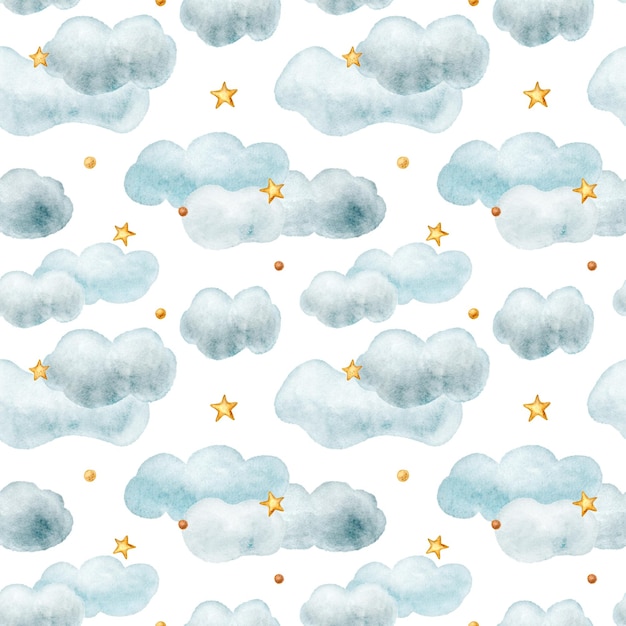 Clouds and stars seamless pattern hand drawn illustration on white background