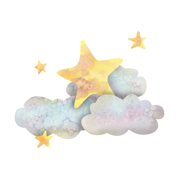 Clouds and stars in soft lilac and yellow colors Cute children's composition watercolor illustration For the design decoration and decoration of postcards posters prints cards stickers