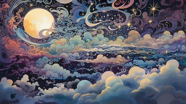 Clouds Sun Stars and Moon Illustration Wallpaper