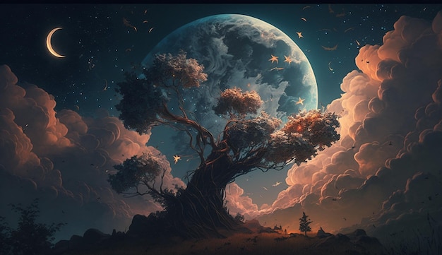 Clouds trees stars moon fantasy design image Ai generated art