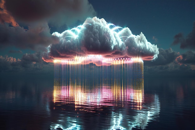 Clouds with lights reflected in water at night