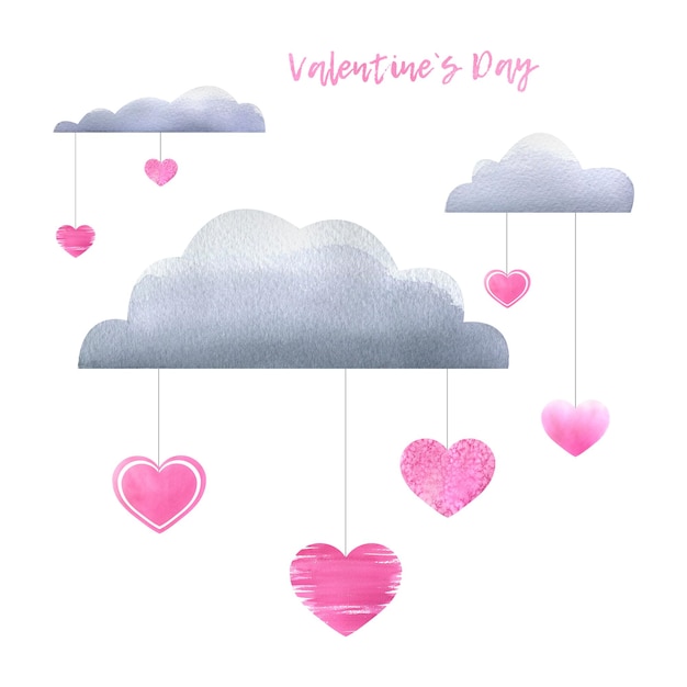 Clouds with suspended pink differently textured hearts Watercolor illustration Composition from a large set of VALENTINE'S DAY For the design and decoration of postcards posters invitations