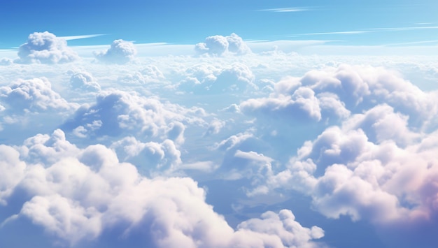 Cloudscape aerial view or cumulus fluffy clouds and blue sky background anime style