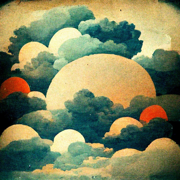 Cloudscape blue sky with clouds and suns retro art style