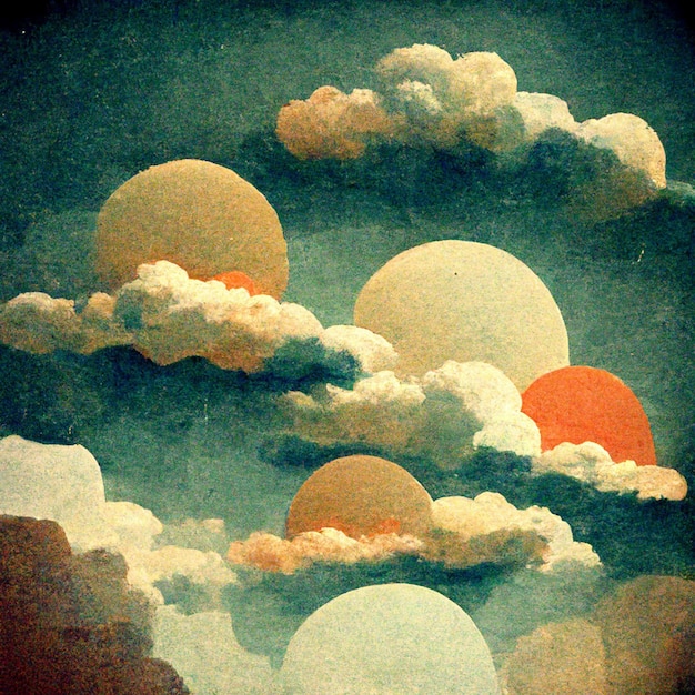 Cloudscape blue sky with clouds and suns retro art style