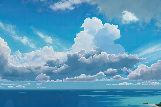 A cloudy blue sky and a blue sea