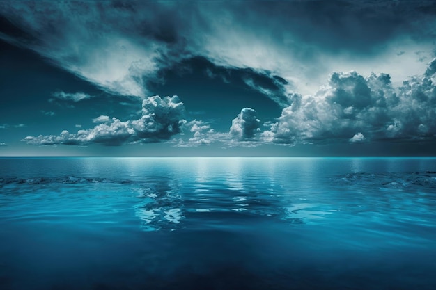 Cloudy blue sky fading to the horizon above a blue oceans surface