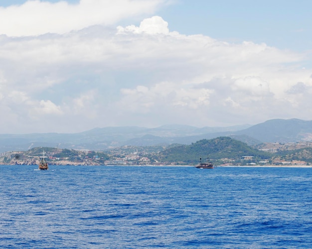 Cloudy blue sky leaving for horizon above a blue surface of the sea