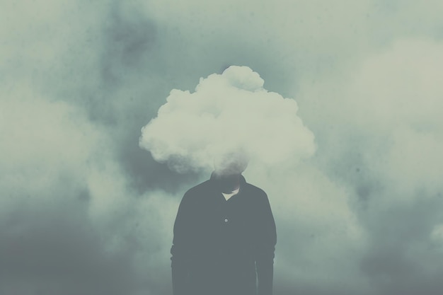 Photo cloudy business concept head filled with ideas and dreams navigating through the fog of