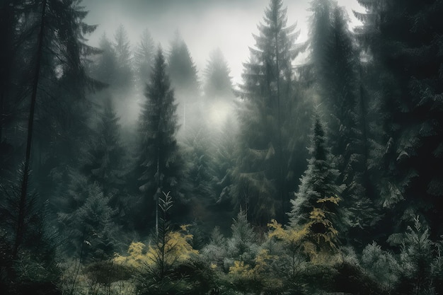 Cloudy landscape fir forest in retro style generative IA