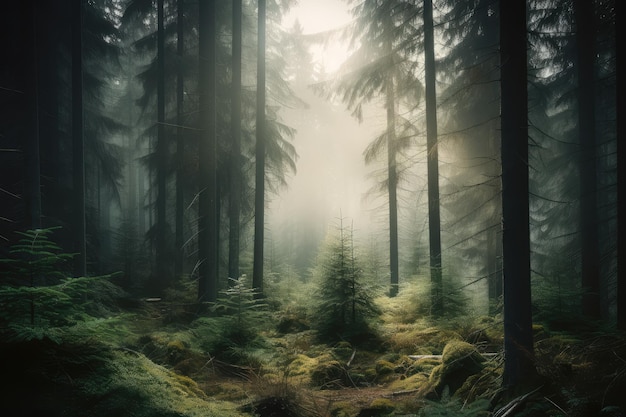 Cloudy landscape fir forest in retro style generative IA