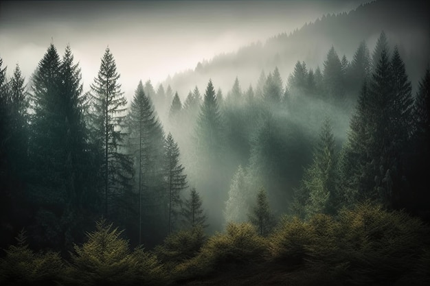 Cloudy landscape fir forest in retro style generative IA