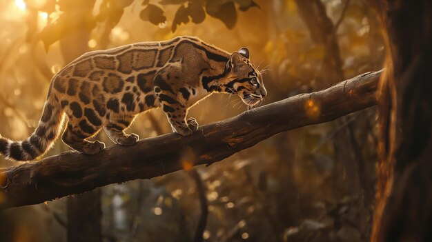 Cloudy leopard walking on a wooden trunk in the forest