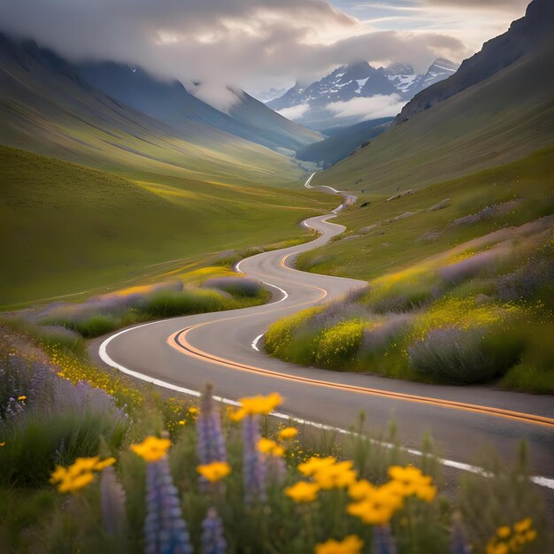 Photo cloudy mountain road with panoramic viewpoint