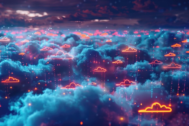 Cloudy night cityscape with neon lights