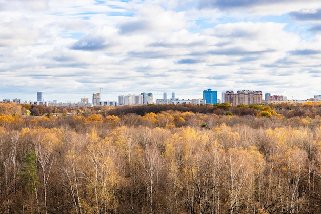 Cloudy sky over autumn park and houses on horizon