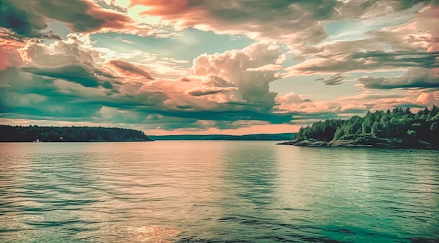 A cloudy sky over a body of water with a lake in the background.