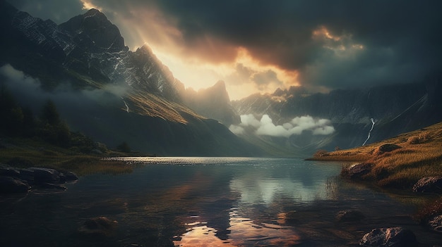 A cloudy sky over a mountain lake with a mountain in the background