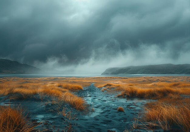 Photo a cloudy sky with a lake in the background