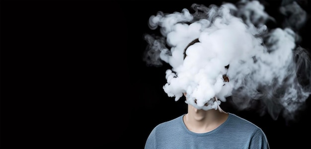 Cloudy smoke covering the face of smoker Concept of heavy smoking chain smoker or vaping