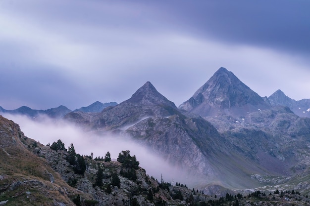 Cloudy sunrise in a steep mountian landscape in the Pyrenees Aragon, Spain 