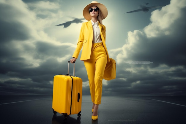 Cloudy weather passenger woman that is in yellow clothes sunglasses and with luggage