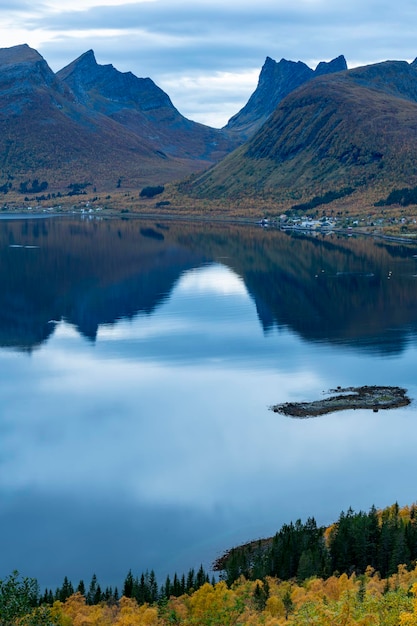 Cloudy weather in Senja island fjord Norway