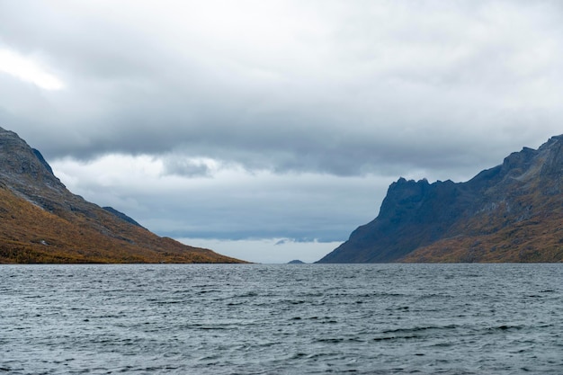 Cloudy weather in Senja island fjord Norway