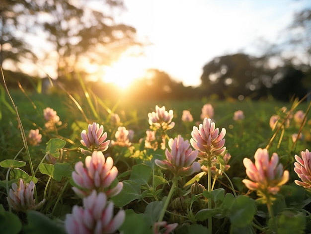 Clover flowers basking in the sunset glow on a warm summer evening