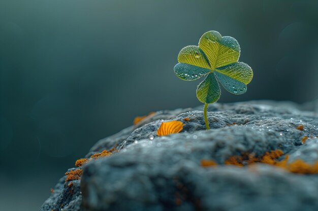 a clover grows on a rock in front of a body of water