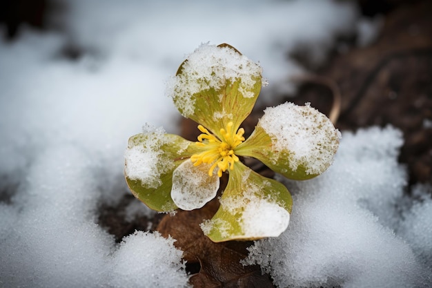 A clover leaf partially covered by melting snow symbolizing spring arrival